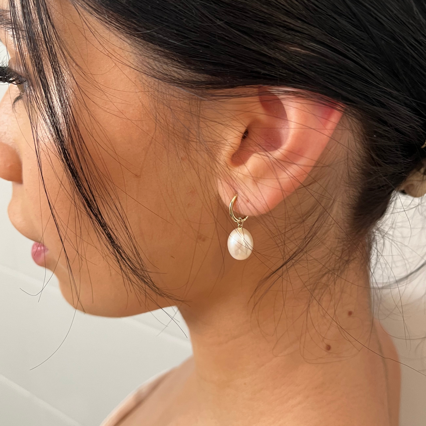 Solid Gold Pearl Droplet Huggies